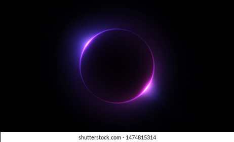 Template For Text : Blue And Purple Neon Glowing Glare Circle With Rays. Frame Isolated On Black Background