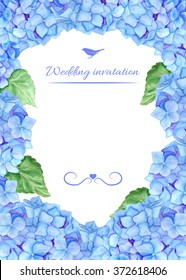 Template of wedding invitation with painted watercolor blue hydrangea