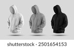 Template white, black, heather hoodie 3D rendering, oversized sweatshirt with large hooded, front view. Set of street clothes isolated on background. Mockup casual apparel, for design, branding.