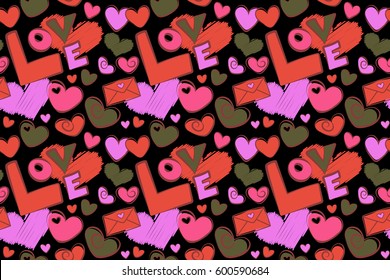 Template for wrapping, decor, surface, cards, backgrounds, textile, print. Seamless raster pattern with hearts, letter and love text. Series of Love Patterns. Decorative repeat ornament.
