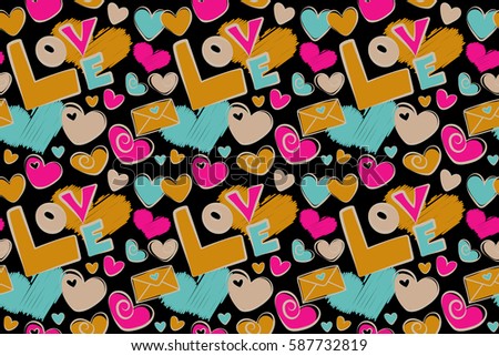 Template for wrapping, decor, surface, cards, backgrounds, textile, print. Decorative repeat ornament. Seamless raster pattern with hearts, letter and love text. Series of Love Patterns.