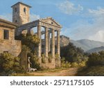 The Temple of Hercules in Cori near Velletri by Jakob Philipp Hackert.  Vintage landscape illustration. Vintage nature scenery art drawing illustration, old nature landscape painting art print.