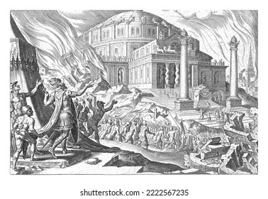 The Temple of Jerusalem has been set on fire. In the foreground the army of Emperor Titus entering the city.