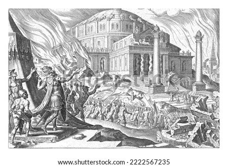 The Temple of Jerusalem has been set on fire. In the foreground the army of Emperor Titus entering the city.