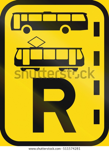 Temporary road sign used in the\
African country of Botswana - Reserved lane for buses and\
trams.