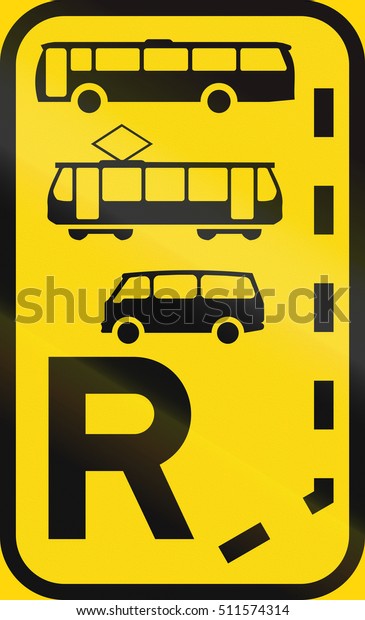 Temporary\
road sign used in the African country of Botswana - Start of a\
reserved lane for buses, trams and\
mini-buses.