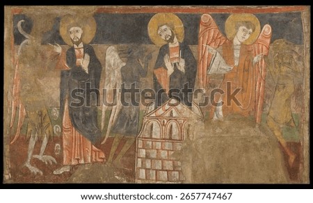 The Temptation of Christ by the Devil, Spanish. Vintage fresco artwork. Beautiful vintage fresco.