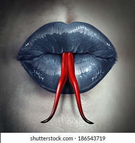 Temptation and human gossip concept as woman lips with a snake forked tongue as a metaphor for dirty talk or sexual issues.