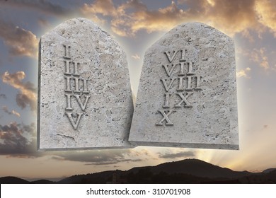 the ten Commandments on a sunset background