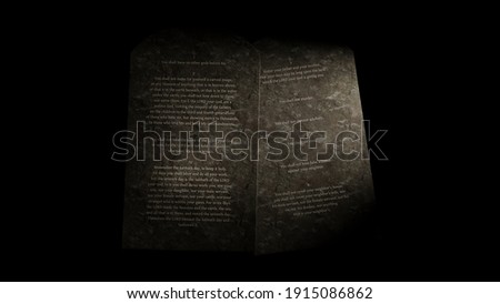 The Ten Commandments on tablets of stone, 3d rendering religious illustration. Law or Decalogue.