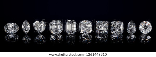 Ten diamond of the most popular cut in\
line on black glossy background. 3D\
illustration