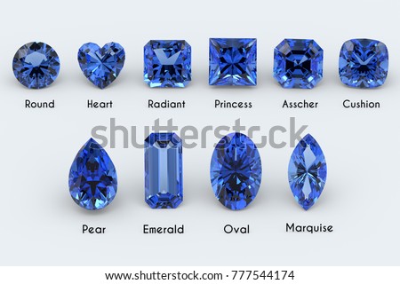 Ten the most popular diamond cut styles with names. Deep blue sapphire gems on white background. Close-up top view. 3D rendering illustration Stock photo © 