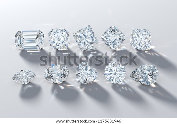 Ten the most\
popular diamond cut shapes on white background, rear light, shadow,\
caustics. 3D\
illustration