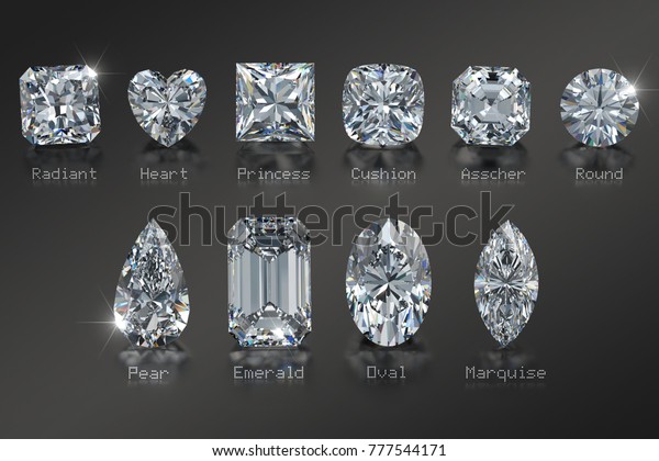 Ten the most popular diamond cut styles with\
names on black glossy background. Close-up top view. 3D rendering\
illustration