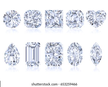 Ten the most popular diamond cuts and shapes isolated on white background. 3d rendering illustration. Top view.