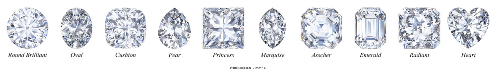 Ten the most popular diamond cuts and shapes in one row with names, isolated on white background. 3D rendering illustration