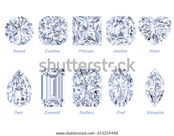 Ten the most popular diamond cuts and shapes\
isolated on white background with names. 3d rendering illustration.\
Top view.