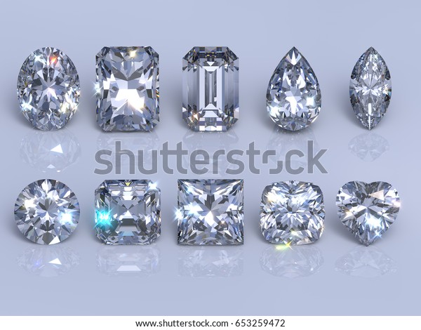 Ten  the most popular diamond cuts and\
shapes, sparkling gems on blue mirror background. Photo-realistic\
3d rendering\
illustration.