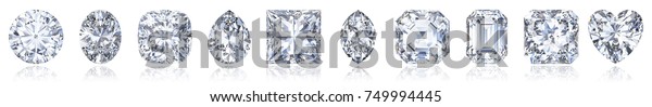 Ten the most popular diamond cuts and shapes\
in one row with light reflections, isolated on white background. 3D\
rendering\
illustration