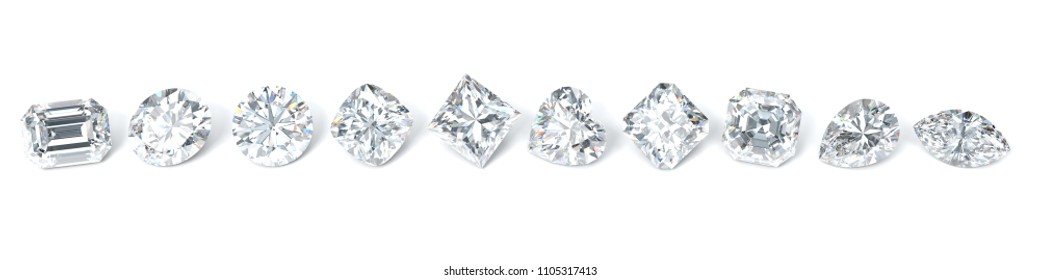 Ten the most popular diamond shapes in line on white background. Round brilliant, princess, heart, cushion, emerald, marquise, oval, pear, asscher, radiant.3D rendering illustration
