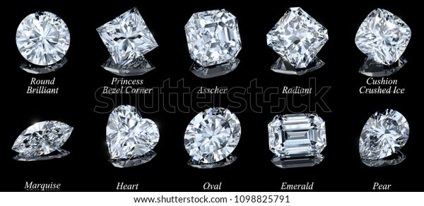 Ten the most\
popular diamond shapes with names on black glossy background. 3D\
rendering\
illustration