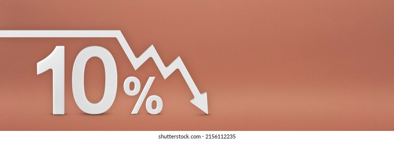 Ten Percent, The Arrow On The Graph Is Pointing Down. Stock Market Crash, Bear Market, Inflation. Economic Collapse, Collapse Of Stocks. 3d Banner, 10 Percent Discount Sign On A Red Background.