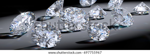 Ten sparkling round cut diamonds laying in\
the upward diagonal spotlight on contrast black and light gray\
background with sharp shadows and colorful caustics rays. 3D\
rendering\
illustration