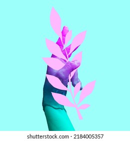 Tenderness. Contemporary Art Collage. Modern Design Work In Neon Trendy Colors. Authentic Human Hands And Plants Over Blue Background. Stylish And Fashionable Composition. Copyspace.