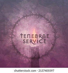 "Tenebrae Service" with a single purple candle, framed by a crown of thorns. Also known, as the Service of Shadows. Square format. Royal purple, in aged style. "Tenebrae Service" with a single purple candle, framed by a crown of thorns. Also known, as the Service of Shadows. Square format. Royal purple, in aged style.