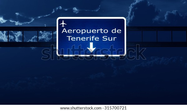 Tenerife Spain Airport Highway Road Sign at\
Night 3D\
Illustration
