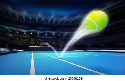 tennis ball ace strike on a blue court in motion blur tennis sport theme render illustration background