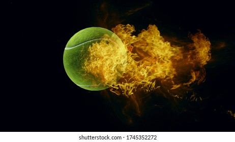 Tennis ball in fire, isolated dark background. 3d render. 