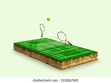 tennis court on the ground with a geological cross section of the soil. 3d illustration
