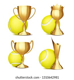 Tennis Game Award Set. Tennis Ball, Golden Cup. Modern Tournament. Design For Sport Promotion. Certificate, Diploma. Sport Event Announcement. Banner Advertising. Illustration - Powered by Shutterstock