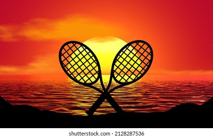 Tennis Rackets Racquets Silhouette Sunset Beach Sunrise landscape, 3d illustration - Powered by Shutterstock