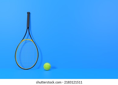 Tennis Racquet Lying With A Tennis Ball On Blue Background. Front View. 3d Rendering Illustration