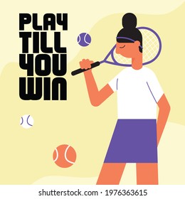 Tennis sports contest flat banner with lettering. Young woman with racquet, female tennis player with sports equipment - Powered by Shutterstock