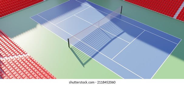 Tennis Stadium Court Outdoor. Empty Open Sport Field With Net And Red Fan Seats, View From Above. 3d Render