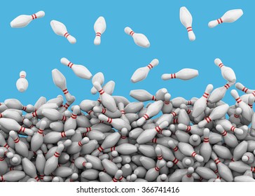 Tens Of Bowling Pins Falling From Above
