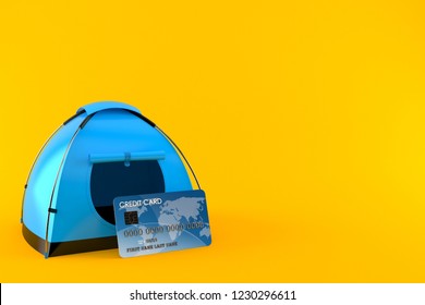 Tent with credit card isolated on orange background. 3d illustration