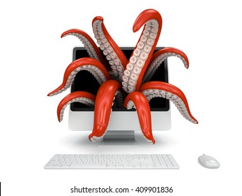 Tentacles Getting Out Of The Computer Monitor 3D Rendering