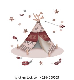 Tepee Hand Drawn Watercolor Illustration Can Be Used As A Poster For A Room Or For A Kid Or On A Card Or Fabric, Baby Blanket, Crib, Decoration