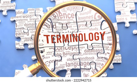 Terminology as a complex and multipart topic under close inspection. Complexity shown as matching puzzle pieces defining dozens of vital ideas and concepts about Terminology,3d illustration
