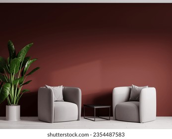 テラコッタの豪華なリビングラウンジまたはレセプション。アクセント背景に深い埃っぽい赤いバーガンディ色の壁。モダンなルームデザインのインテリアホーム。豊富なプレミアムセット家具。3Dレンダリング のイラスト素材