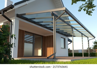Terrace Canopy, Clear Glass Roof, 3d Illustration