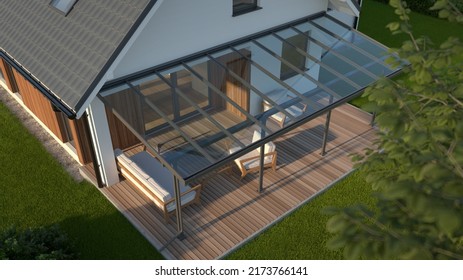 Terrace Canopy, Clear Glass Roof, Top View, 3d Illustration