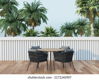 Terrace With Outdoor Furniture - Chair And Round Table. Palm Trees. Exotic Backyard Garden. Sunny Day On The Veranda Patio. Nice Lounge Area - Rest Space. 3d Rendering 