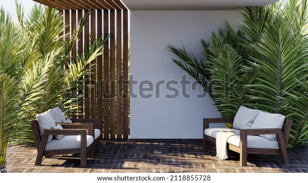 Terrace with outdoor furniture - sofa and\
armchair. Shade gazebo and palm trees. Exotic backyard garden.\
Sunny day on the veranda patio. 3d\
rendering