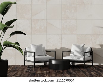 Terrace with two chairs and a table outside. The patio loggia is a cozy place for summer holidays and rest. beige travertine and daylight. 3d rendering