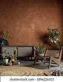 Terracotta Color Interior With Plants, Dresser, Armchair And Decor. 3d Render Illustration Mock Up.